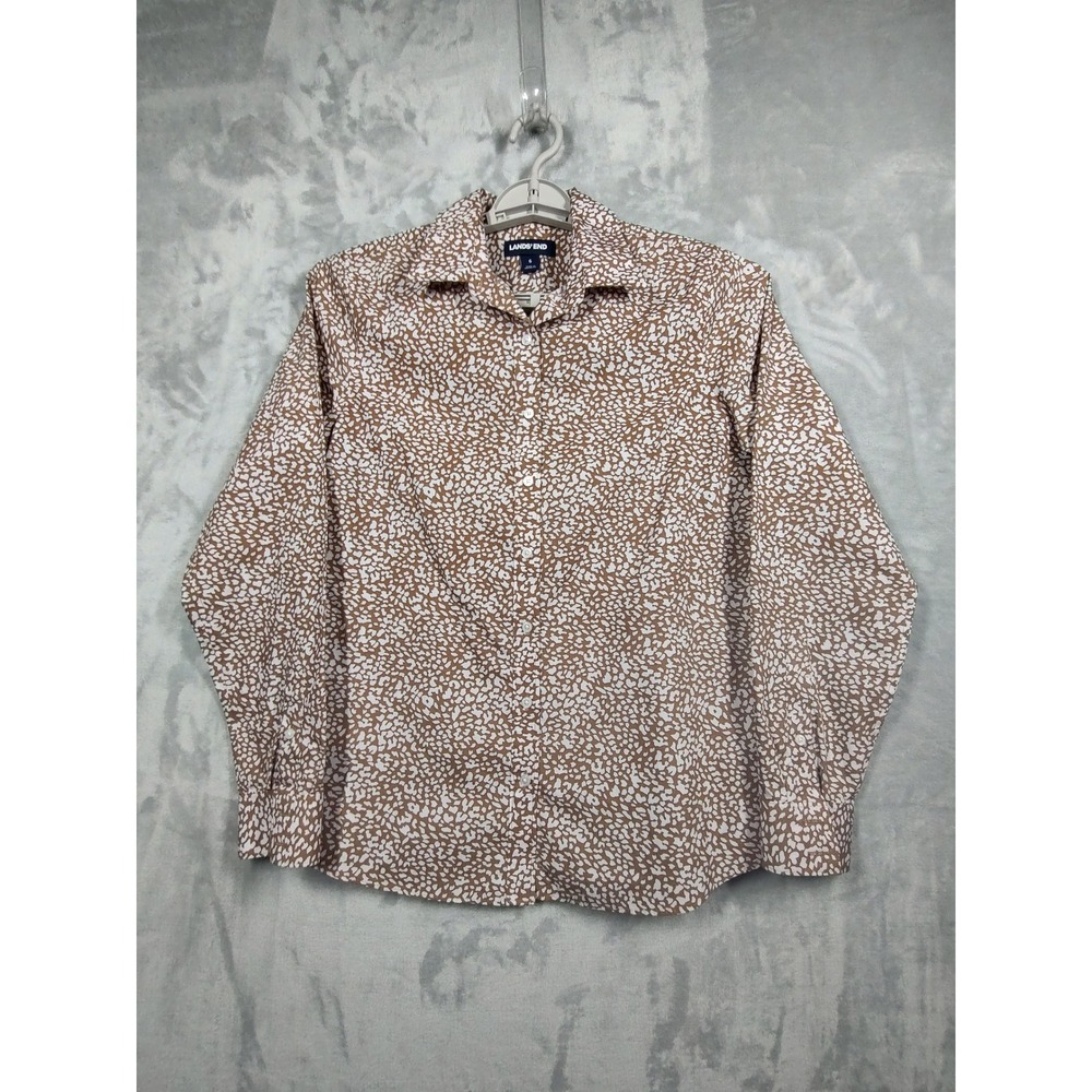Lands End Womens 6 Brown White Abstract Animal Print No Iron Supima Cotton Shirt